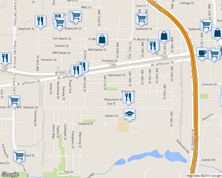 map of restaurants, bars, coffee shops, grocery stores, and more near 2034 El Paso St in Grand Prairie
