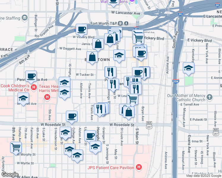 map of restaurants, bars, coffee shops, grocery stores, and more near 665 South Jennings Avenue in Fort Worth