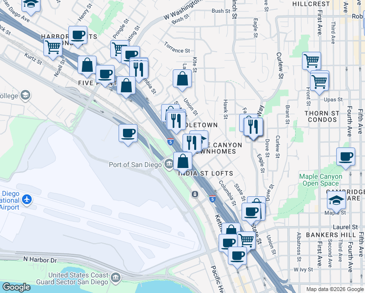 map of restaurants, bars, coffee shops, grocery stores, and more near India Street & Sassafras Street in San Diego