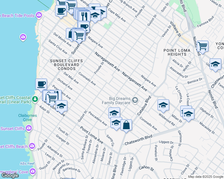 map of restaurants, bars, coffee shops, grocery stores, and more near 4443 Santa Cruz Avenue in San Diego