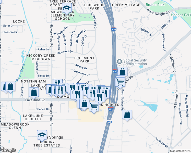 map of restaurants, bars, coffee shops, grocery stores, and more near 1200 Greenbrier Drive in Mesquite