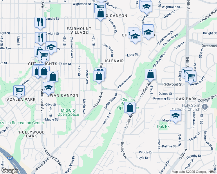 map of restaurants, bars, coffee shops, grocery stores, and more near 2975 Euclid Avenue in San Diego