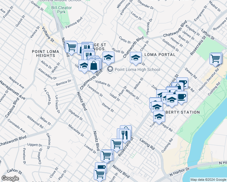 map of restaurants, bars, coffee shops, grocery stores, and more near 2175 Clove Street in San Diego