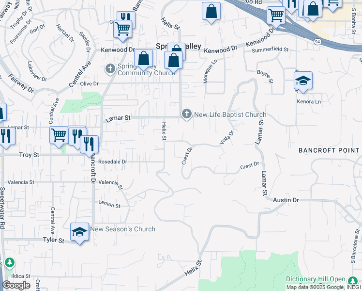map of restaurants, bars, coffee shops, grocery stores, and more near 9253 Vista Drive in Spring Valley