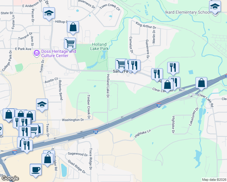 map of restaurants, bars, coffee shops, grocery stores, and more near 1650 Holland Lake Drive in Weatherford