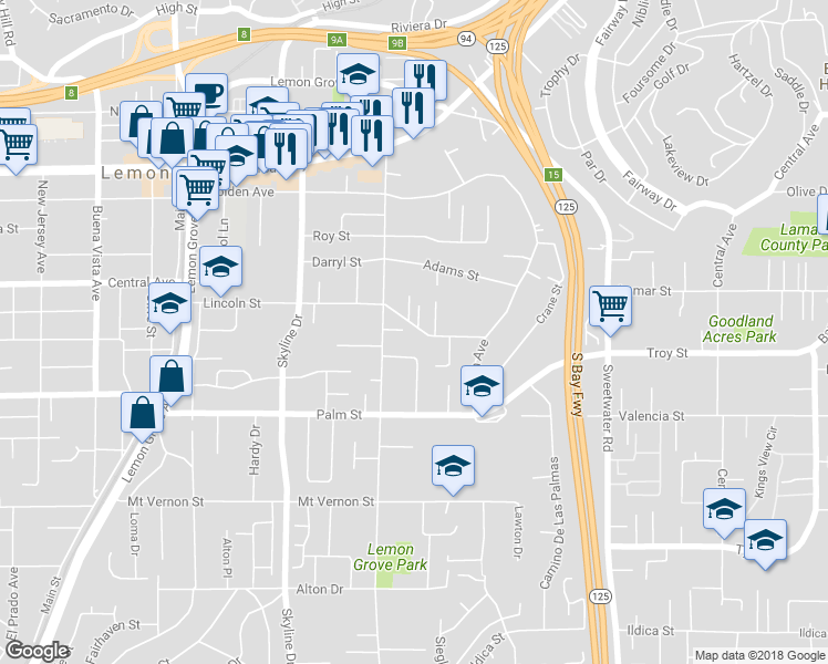 map of restaurants, bars, coffee shops, grocery stores, and more near 8271 Lincoln Street in Lemon Grove