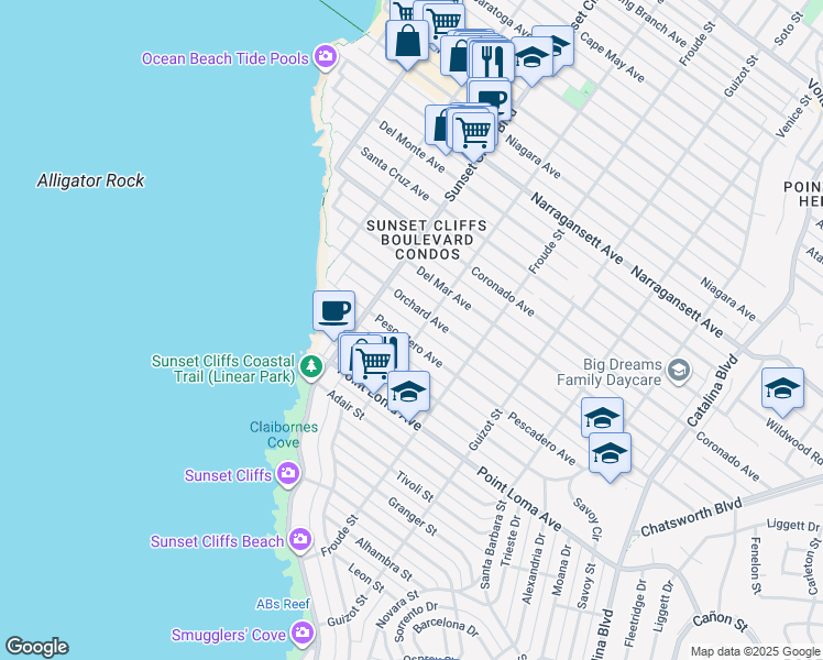 map of restaurants, bars, coffee shops, grocery stores, and more near 4728 Pescadero Avenue in San Diego