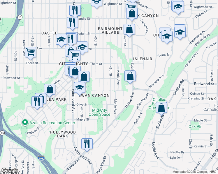 map of restaurants, bars, coffee shops, grocery stores, and more near 3024 46th Street in San Diego