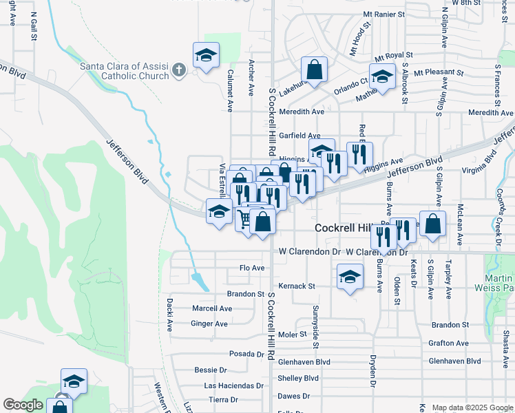 map of restaurants, bars, coffee shops, grocery stores, and more near 4445 West Jefferson Boulevard in Dallas