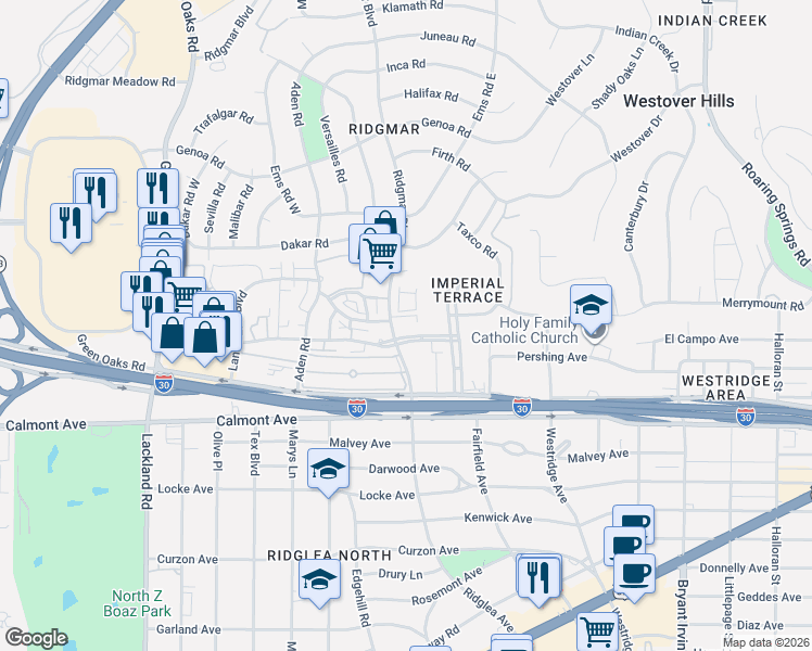 map of restaurants, bars, coffee shops, grocery stores, and more near 2323 Ridgmar Boulevard in Fort Worth