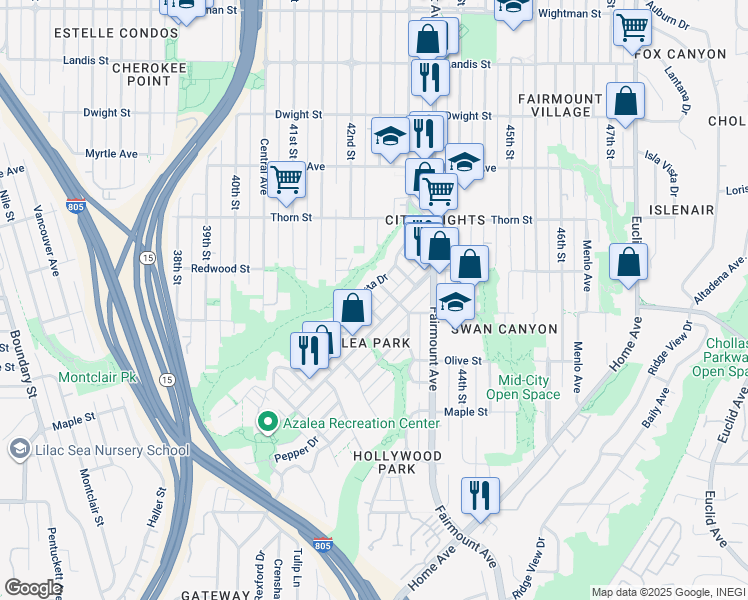 map of restaurants, bars, coffee shops, grocery stores, and more near 2931 1/2 Dahlia Street in San Diego