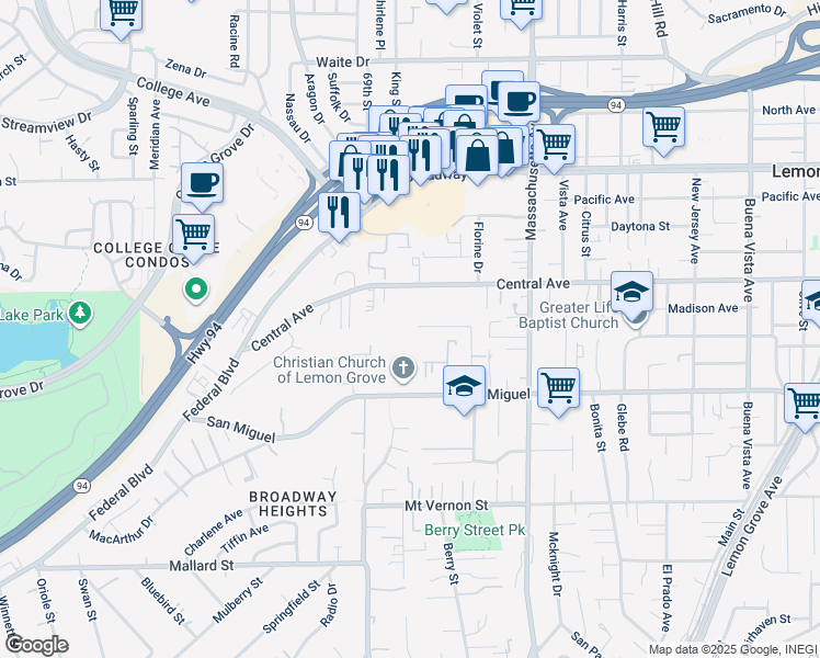 map of restaurants, bars, coffee shops, grocery stores, and more near 7001 Lemonwood Lane in Lemon Grove