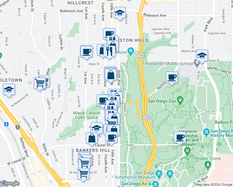 map of restaurants, bars, coffee shops, grocery stores, and more near 3060 Sixth Avenue in San Diego