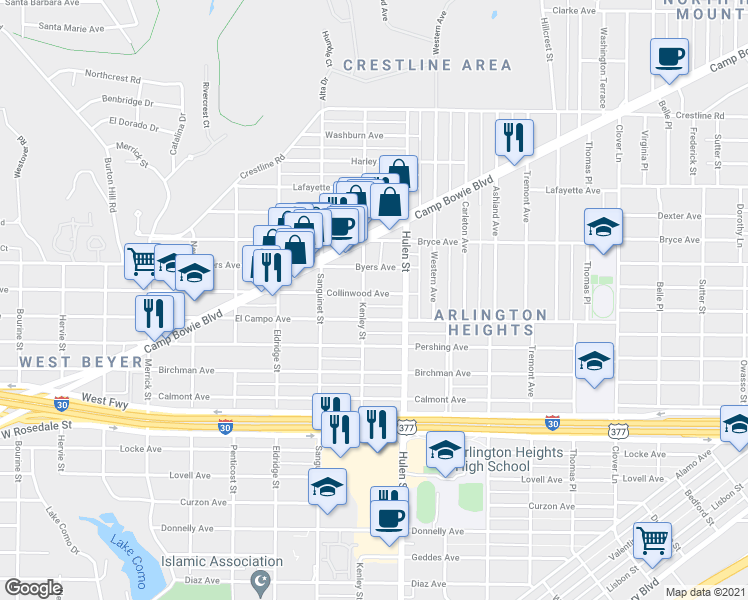 map of restaurants, bars, coffee shops, grocery stores, and more near 4631 Collinwood Avenue in Fort Worth