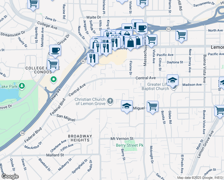 map of restaurants, bars, coffee shops, grocery stores, and more near 7001 Lemonwood Lane in Lemon Grove
