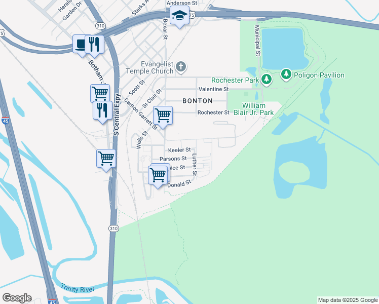 map of restaurants, bars, coffee shops, grocery stores, and more near 2724 Keeler Street in Dallas