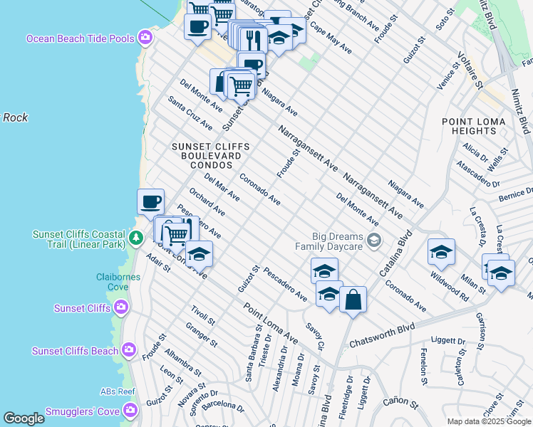 map of restaurants, bars, coffee shops, grocery stores, and more near 4566 Del Mar Avenue in San Diego