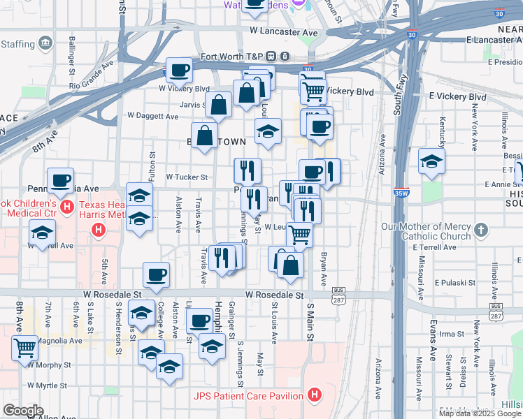 map of restaurants, bars, coffee shops, grocery stores, and more near 312 West Cannon Street in Fort Worth