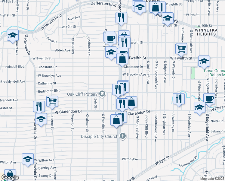 map of restaurants, bars, coffee shops, grocery stores, and more near 2421 Burlington Boulevard in Dallas