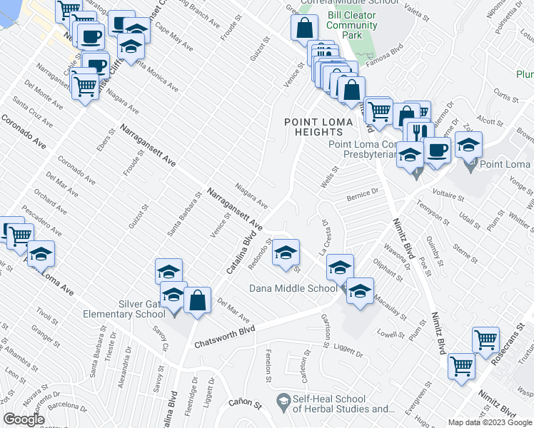 map of restaurants, bars, coffee shops, grocery stores, and more near 1840 Catalina Boulevard in San Diego