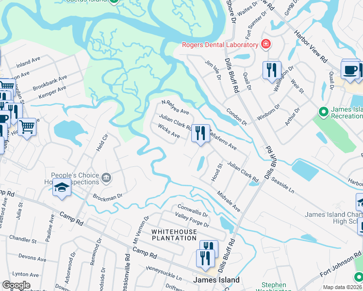 map of restaurants, bars, coffee shops, grocery stores, and more near 1045 Point Of Light Lane in Charleston