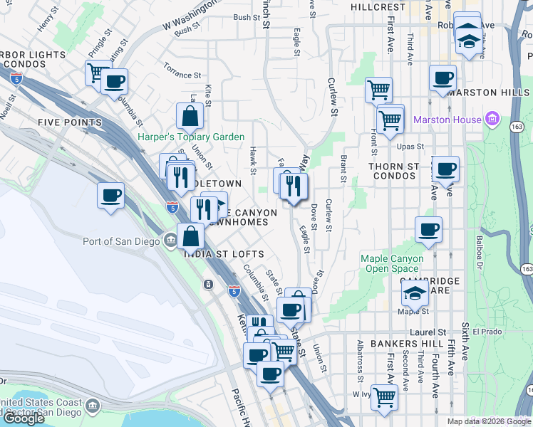 map of restaurants, bars, coffee shops, grocery stores, and more near 3122 Falcon Street in San Diego