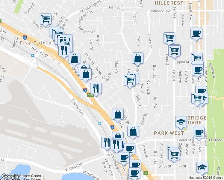 map of restaurants, bars, coffee shops, grocery stores, and more near 1075 West Spruce Street in San Diego