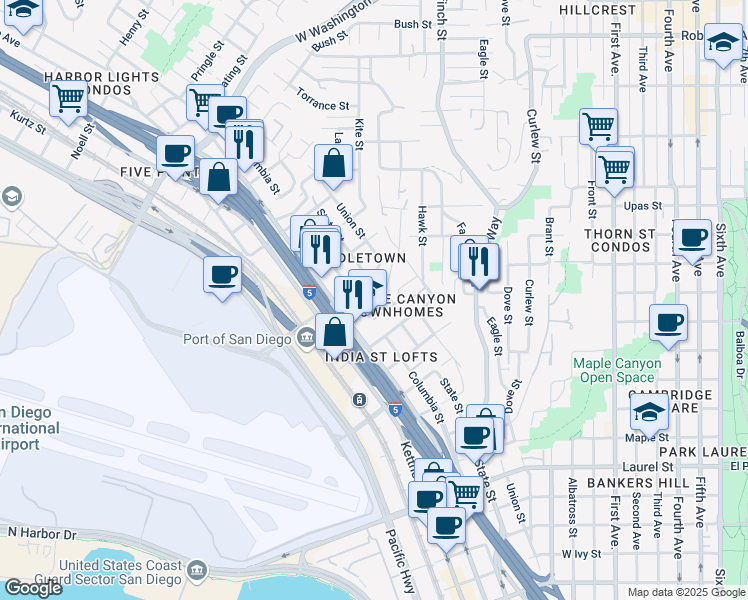 map of restaurants, bars, coffee shops, grocery stores, and more near 1202 West Spruce Street in San Diego