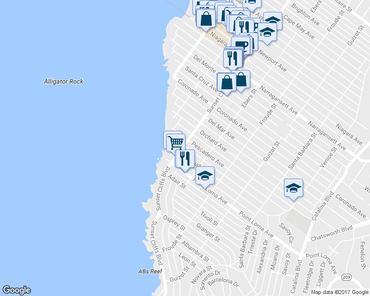 map of restaurants, bars, coffee shops, grocery stores, and more near 1479 Sunset Cliffs Boulevard in San Diego