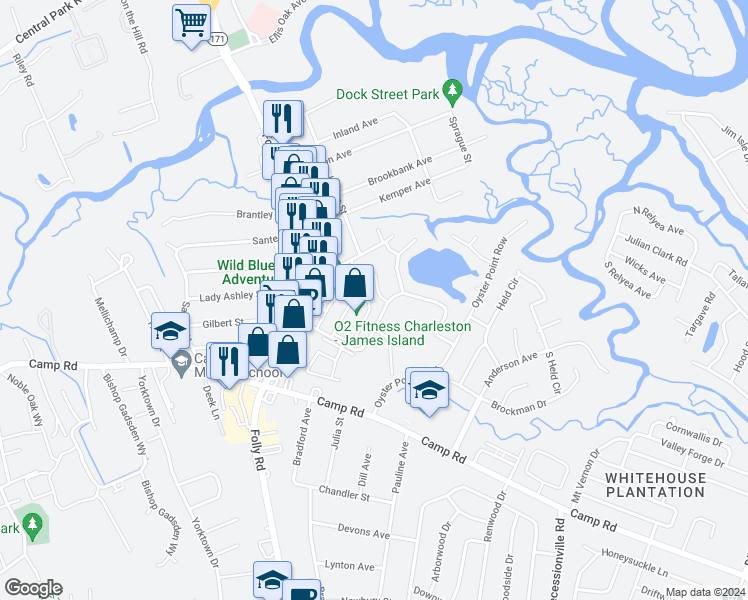 map of restaurants, bars, coffee shops, grocery stores, and more near 2 Commercial Row in Charleston