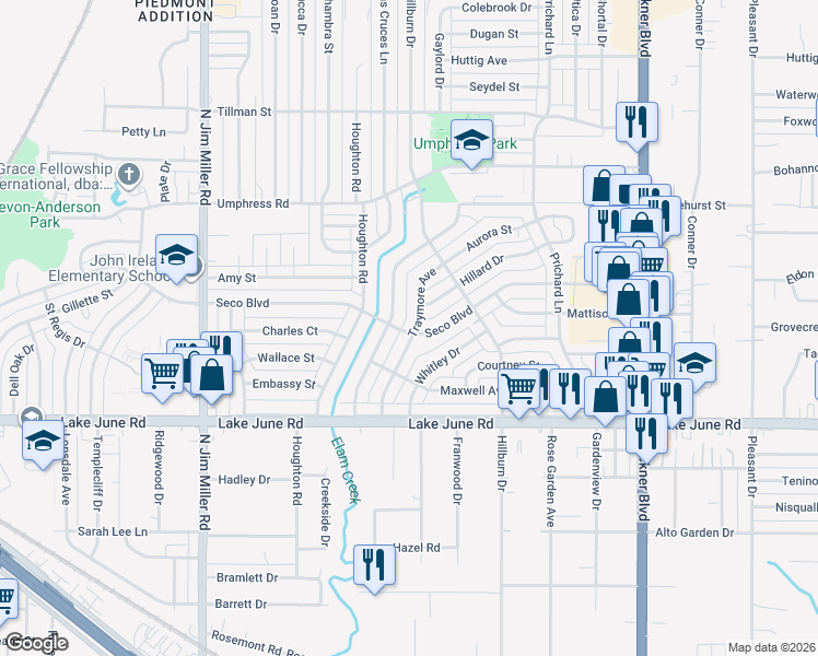 map of restaurants, bars, coffee shops, grocery stores, and more near 7607 Seco Boulevard in Dallas