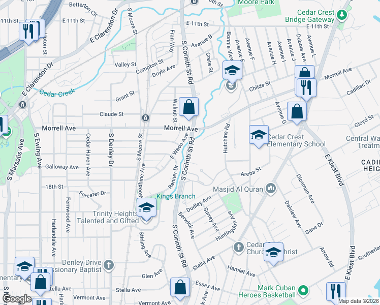 map of restaurants, bars, coffee shops, grocery stores, and more near 1614 East Waco Avenue in Dallas