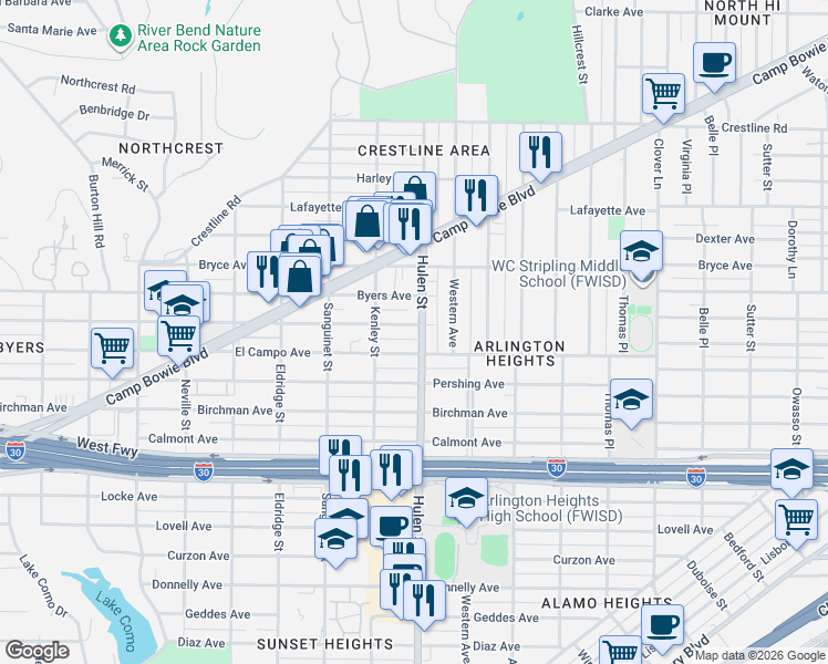 map of restaurants, bars, coffee shops, grocery stores, and more near 4537 Collinwood Avenue in Fort Worth