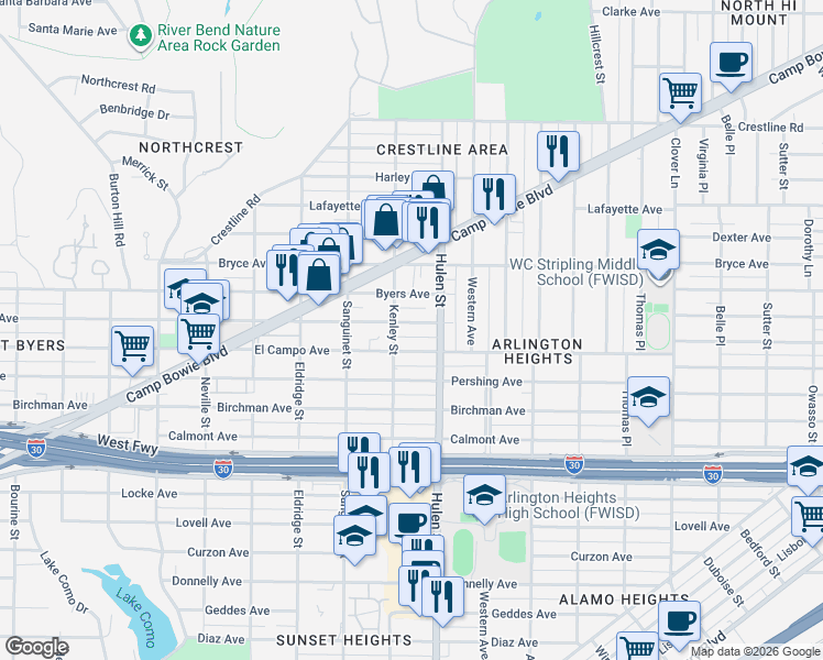 map of restaurants, bars, coffee shops, grocery stores, and more near 4631 Collinwood Avenue in Fort Worth