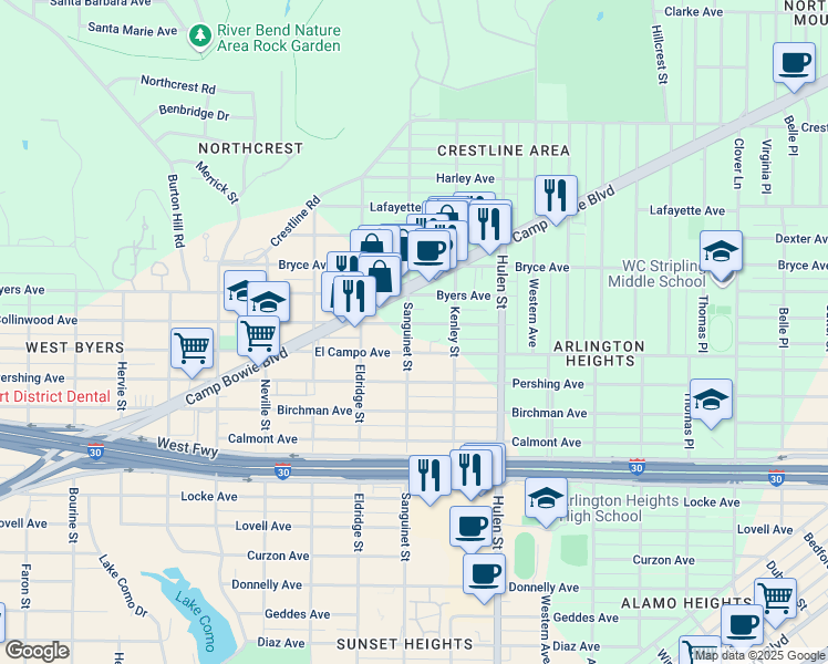 map of restaurants, bars, coffee shops, grocery stores, and more near 4725 Collinwood Avenue in Fort Worth