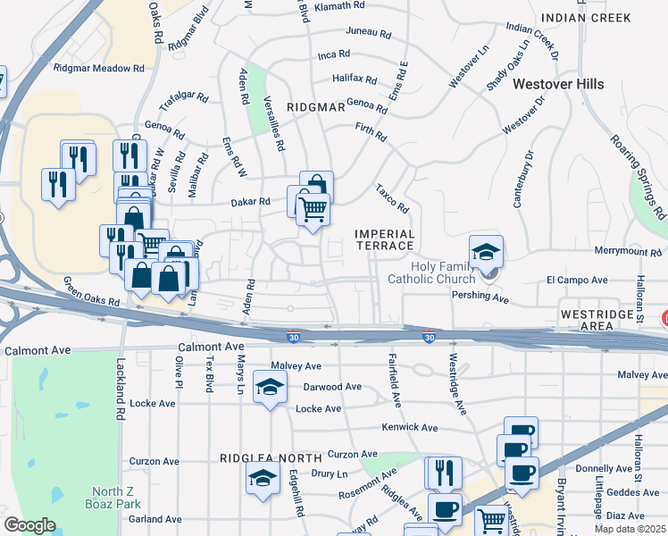 map of restaurants, bars, coffee shops, grocery stores, and more near 2204 Ridgmar Boulevard in Fort Worth