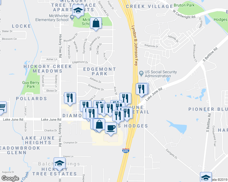 map of restaurants, bars, coffee shops, grocery stores, and more near 1200 Greenbrier Drive in Mesquite