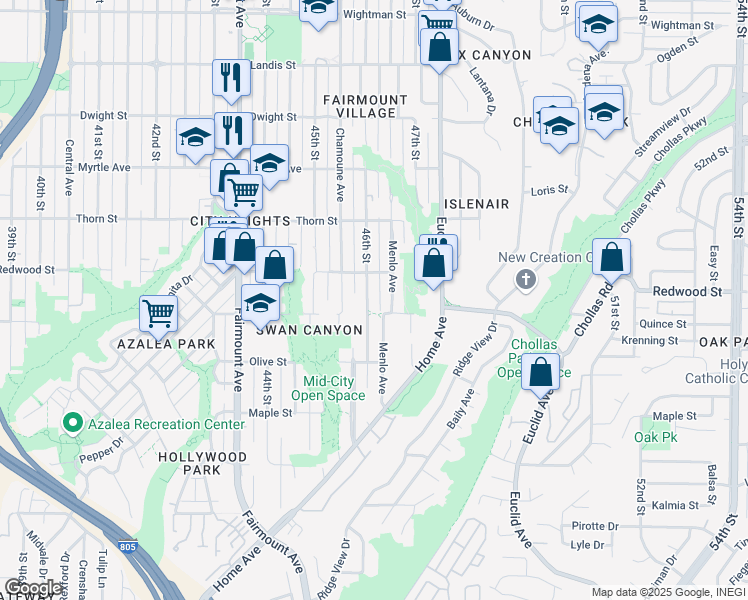 map of restaurants, bars, coffee shops, grocery stores, and more near 3030 Menlo Avenue in San Diego