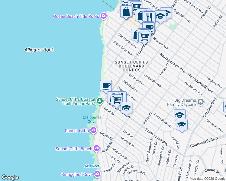 map of restaurants, bars, coffee shops, grocery stores, and more near 1479 Sunset Cliffs Boulevard in San Diego