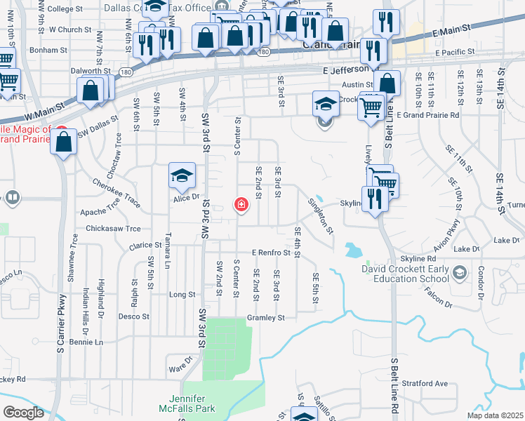 map of restaurants, bars, coffee shops, grocery stores, and more near 734 Southeast 2nd Street in Grand Prairie