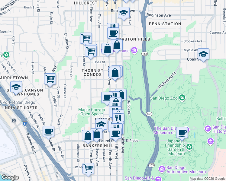 map of restaurants, bars, coffee shops, grocery stores, and more near 475 Redwood Street in San Diego