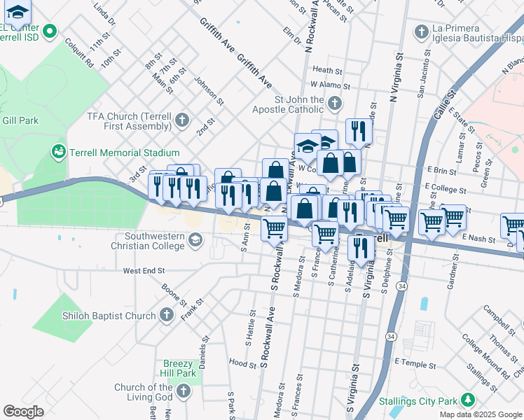 map of restaurants, bars, coffee shops, grocery stores, and more near 103 North Hattie Street in Terrell