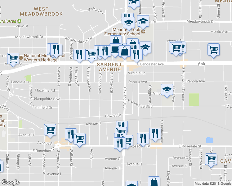 map of restaurants, bars, coffee shops, grocery stores, and more near 709 South Sargent Street in Fort Worth