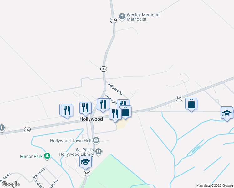 map of restaurants, bars, coffee shops, grocery stores, and more near 6243 Ballpark Road in Hollywood