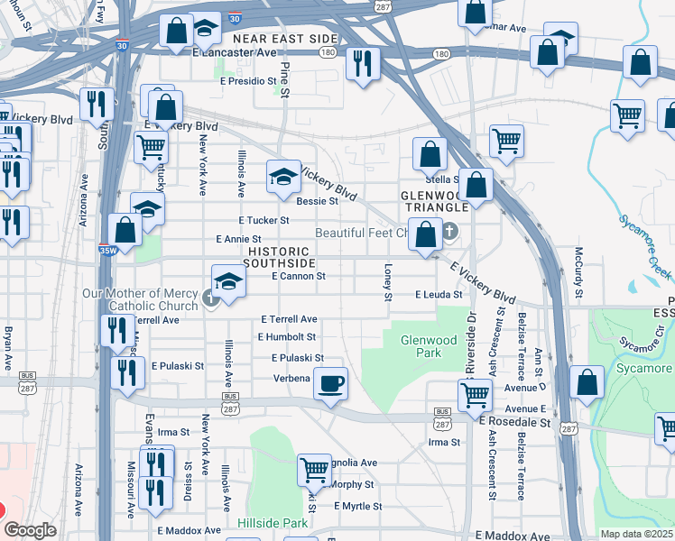 map of restaurants, bars, coffee shops, grocery stores, and more near 1321 East Cannon Street in Fort Worth