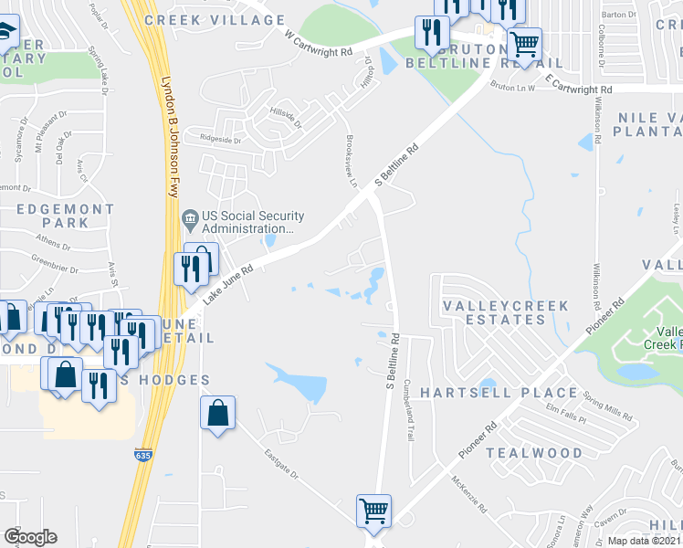 map of restaurants, bars, coffee shops, grocery stores, and more near 2051 South Beltline Road in Mesquite