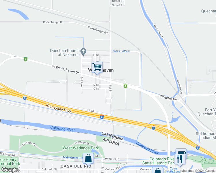 map of restaurants, bars, coffee shops, grocery stores, and more near 485 1st Street in Winterhaven
