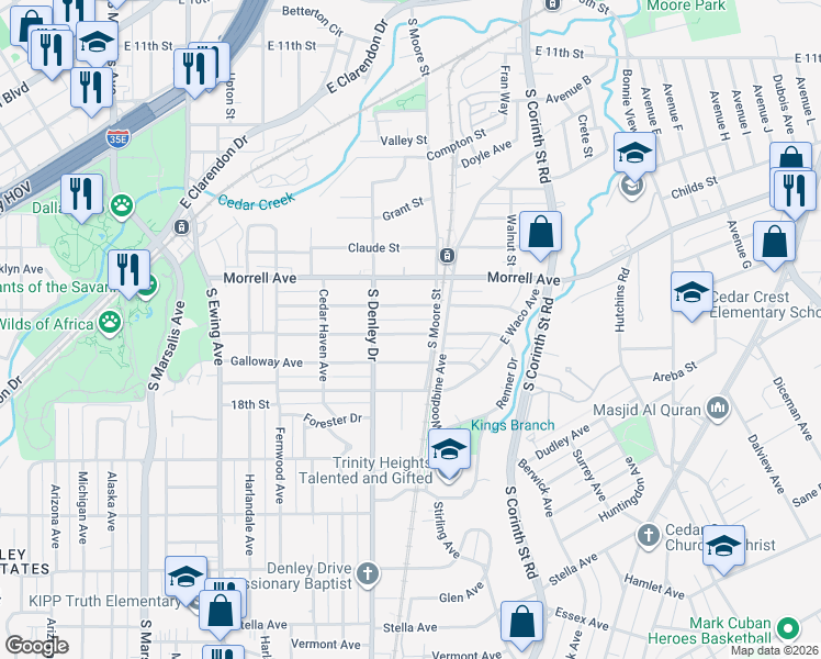 map of restaurants, bars, coffee shops, grocery stores, and more near 1335 Strickland Street in Dallas