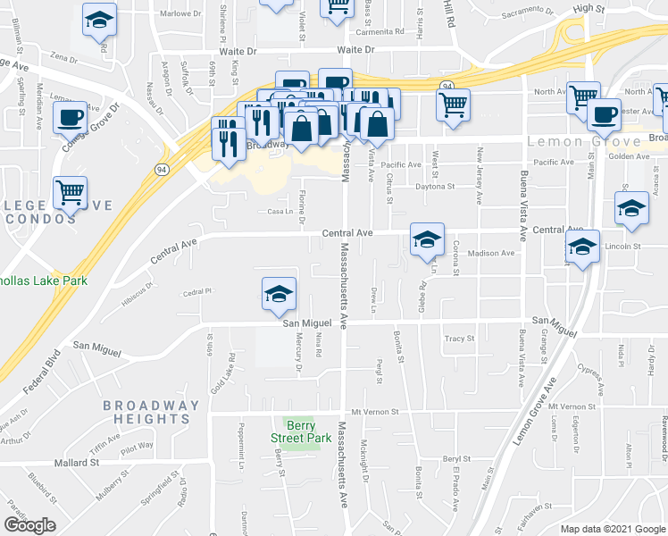 map of restaurants, bars, coffee shops, grocery stores, and more near 2896 Massachusetts Avenue in Lemon Grove