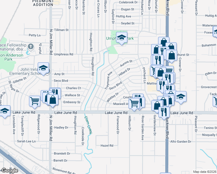 map of restaurants, bars, coffee shops, grocery stores, and more near 7607 Seco Boulevard in Dallas